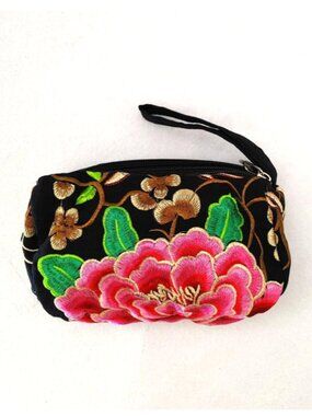 Embroidered Floral Fabric Wristlet Pouch Black Pink 3-Layer Zipper Wallet Lined